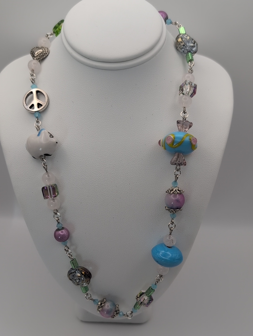 Handcrafted Jade, Rose Quartz, Crystal & Glass Bead Necklace 18"